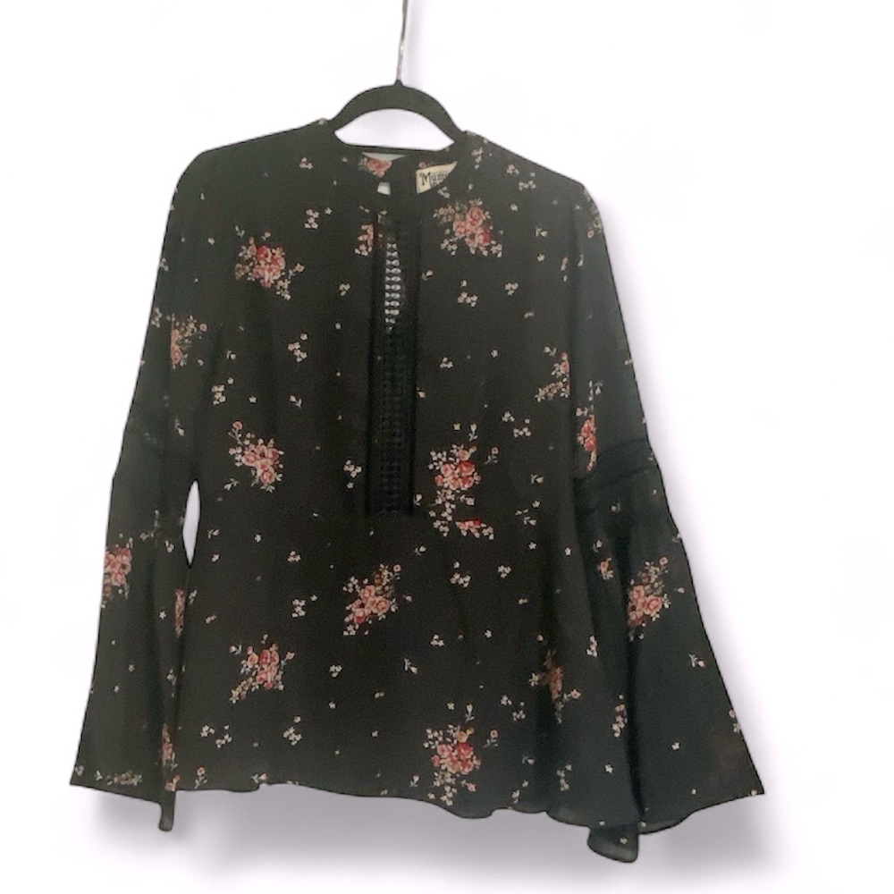 Show Me Your Mumu Lafayette floral Black Bell Sleeve Blouse NWT
